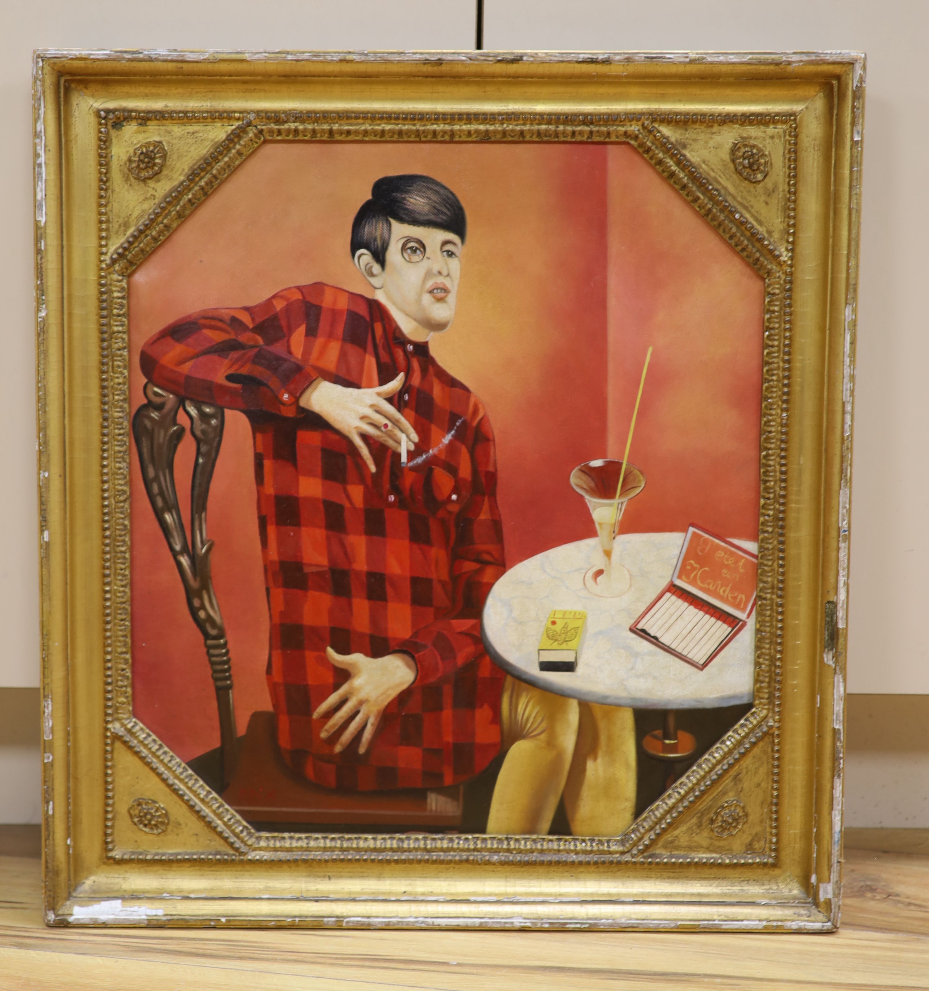 After Otto Dix, oil on board, Young man seated at a cafe table, 50 x 46cm